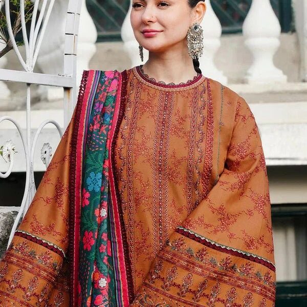 Hussain Rehar 3PC DHANAK EMBROIDERED SUIT & PRINTED WOOL SHAWL AND PLAIN TROUSER 673-RR